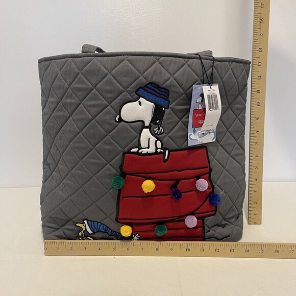 NWT Vera Bradley Ski Slope Snoopy Quilted Tote Bag Inner Pockets Festive Pom-Pom - Picture 2 of 8